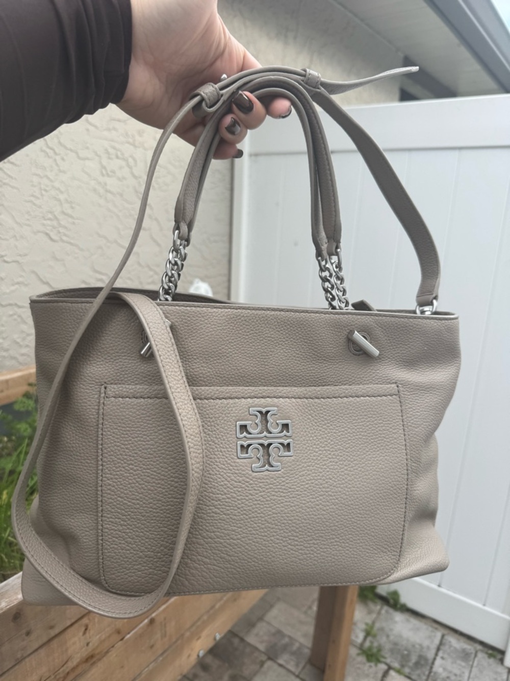 Tory Burch Pebbled Leather Shoulder Tote in Taupe